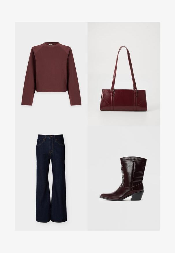 Sweat-shirt marron uni à manches longues et col rond avec une coupe décontractée, présenté sur un fond gris clair.; Pantalon en denim bleu foncé avec une taille haute, coupe à jambes larges, poches avant, fermeture par bouton et fermeture éclair.; Bottines en cuir bourgogne avec un bout pointu, une surface texturée et un petit talon effilé. Présente une couture discrète et un ajustement confortable.; Sac à main bordeaux en matériau brillant, de forme rectangulaire, avec deux anses et des accents légèrement courbés à l'avant.