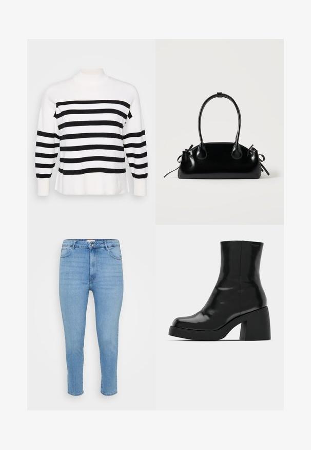 Schwarz-weiß gestreifter Pullover mit hohem Kragen, gerippten Bündchen und lockerer Passform. Weicher, gestrickter Stoff mit gleichmäßigen horizontalen Mustern.; Helle blaue hochtaillierte Skinny-Jeans mit Knopf- und Reißverschluss, Front- und Gesäßtaschen sowie knöchellangem Schnitt.; Schwarze Stiefeletten mit glänzender Oberfläche, quadratischer Zehenpartie und dicker Blockabsatz. Das Design zeichnet sich durch eine nahtlose Silhouette und minimalistische Markenkennzeichnung aus.; Kleine schwarze glänzende Handtasche mit zwei langen Griffen und seitlichen Kordelzug-Details vor einfachem hellem Hintergrund.