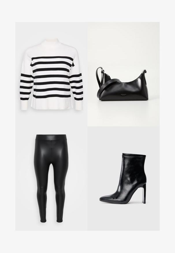 Bluse med sorte og hvide striber og høj hals, ribbede manchetter og afslappet pasform. Blød, strikket tekstur med ensartede vandrette mønstre.; Sorte leggings lavet af et glat, skinnende materiale. Høj talje, tætsiddende design, og ingen synlige sømme eller mønstre.; Sorte læder ankelstøvle med spidse tæer og høj klar hæl. Glat tekstur og minimal syning på overmaterialet.; Sort læderhåndtaske med en glat tekstur. Har en justerbar stropp og et enkelt, minimalistisk design med lynlås.
