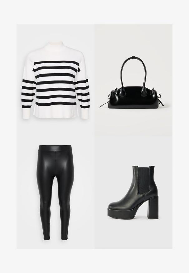 Suéter a rayas en blanco y negro con cuello alto, puños acanalados y ajuste relajado. Textura suave y de punto con patrones horizontales uniformes.; Leggings negros hechos de un material suave y brillante. Cintura alta, diseño ajustado y sin costuras ni patrones visibles.; Botín de cuero negro hasta el tobillo con un tacón ancho y bloque, paneles laterales elásticos y una textura suave. Presenta una suela tipo plataforma para mayor altura.; Pequeño bolso negro brillante con dos asas largas y detalles de cordón lateral sobre un fondo claro liso.