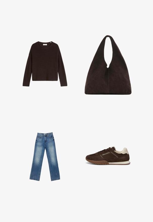 Schwarzer gerippter Strickpullover mit rundem Ausschnitt und langen Ärmeln. Hat einen lockeren Schnitt und eine strukturierte Oberfläche. Etikett: Mare O'Polo.; Helle Denim-Hosen mit weitem Bein und einem verwaschenen Finish, fünf Taschen, sichtbaren Nähten, Knopf- und Reißverschluss sowie geradem Schnitt.; Brauner Marc O'Polo Sneaker mit Mesh- und Veloursleder-Obermaterial, beigem Fersenkragen, Gummisohle mit strukturiertem Profil, von der Außenseite gezeigt.; Weiche dunkelbraune dreieckige Schultertasche mit einem einzelnen breiten Grifföffnung oben und glatter Oberflächenstruktur.