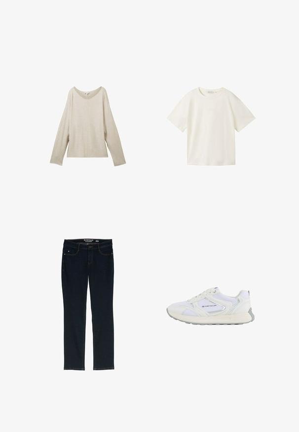 Beige geribde trui met een brede ronde halslijn, lange mouwen en een rechte snit, met een textuurstof en een centrale naad.; TOM TAILOR DENIM T-shirt basic - gardenia white; Donkerblauwe rechte jeans van denim. Heeft vijf zakken, contrasterend oranje stiksels en een label op de tailleband met de merknaam.; Witte sportschoen met een bovenwerk van mesh en synthetisch materiaal, voorzien van zilveren accenten en een gestructureerde rubberen zool, gelabeld "TOM TAILOR."