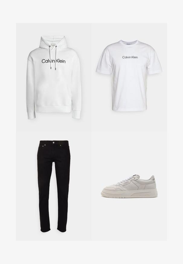 Biela mikina s kapucňou, predným vreckom, nastaviteľnými šnúrkami a čiernym logom "Calvin Klein" v strede na hrudi.; Biela bavlnená tričko s okrúhlym výstrihom a krátkymi rukávmi, s potlačou "Calvin Klein" v čiernej farbe uprostred prednej časti.; Čierne slim fit rifle s gombíkom a zipsom, prednými a zadnými vreckami, zobrazené na bielom pozadí.; Iceberg CLOCK V2 - Tenisky - comb off white