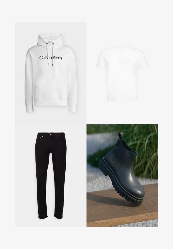 Biela mikina s kapucňou, predným vreckom, nastaviteľnými šnúrkami a čiernym logom "Calvin Klein" v strede na hrudi.; Biele tričko s krátkym rukávom a okrúhlym výstrihom s malým vyšívaným logom "ck" na ľavej strane hrudníka.; Čierne slim fit rifle s gombíkom a zipsom, prednými a zadnými vreckami, zobrazené na bielom pozadí.; Čierne gumové členkové čižmy s textúrovaným povrchom, hrubou podrážkou s dezénom, elastickými bočnými panelmi a úchytkou vzadu, položené na drevenej ploche.