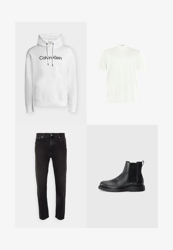 Weißer Hoodie mit Fronttasche, verstellbaren Kordeln und schwarzem „Calvin Klein“-Logo mittig auf der Brust.; Weißes T-Shirt mit Rundhalsausschnitt aus weichem Stoff. Kurze Ärmel, keine Muster. Schlichtes Design mit geradem Saum und minimalen Details.; Schwarze Denim-Jeans mit geradem Bein, mittlerer Bundhöhe, Gürtelschlaufen und Fünf-Taschen-Stil. Weicher Stoff mit minimalem Ausbleichen.; Schwarze Leder-Chelsea-Boots mit strukturiertem Finish, elastischen seitlichen Einsätzen und einer robusten Gummisohle. Dezentes Branding an der Ferse.