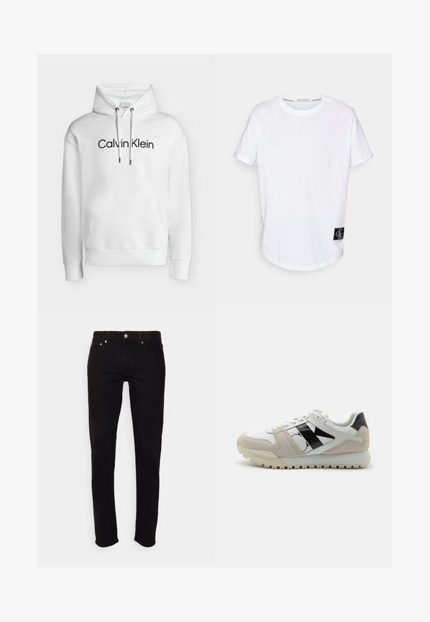 Sudadera blanca con capucha, bolsillo frontal tipo canguro, cordones ajustables y logo "Calvin Klein" en negro centrado en el pecho.; Camiseta blanca de algodón con mangas cortas enrolladas, dobladillo redondeado y una etiqueta de logo negra que presenta "CK" en la esquina inferior izquierda.; Vaqueros negros de corte ajustado con cierre de botón y cremallera, bolsillos delanteros y traseros, mostrados sobre fondo blanco.; Zapatilla blanca con acentos en negro y beige, hecha de cuero y ante. Presenta una suela gruesa y un gran logotipo en el lateral.