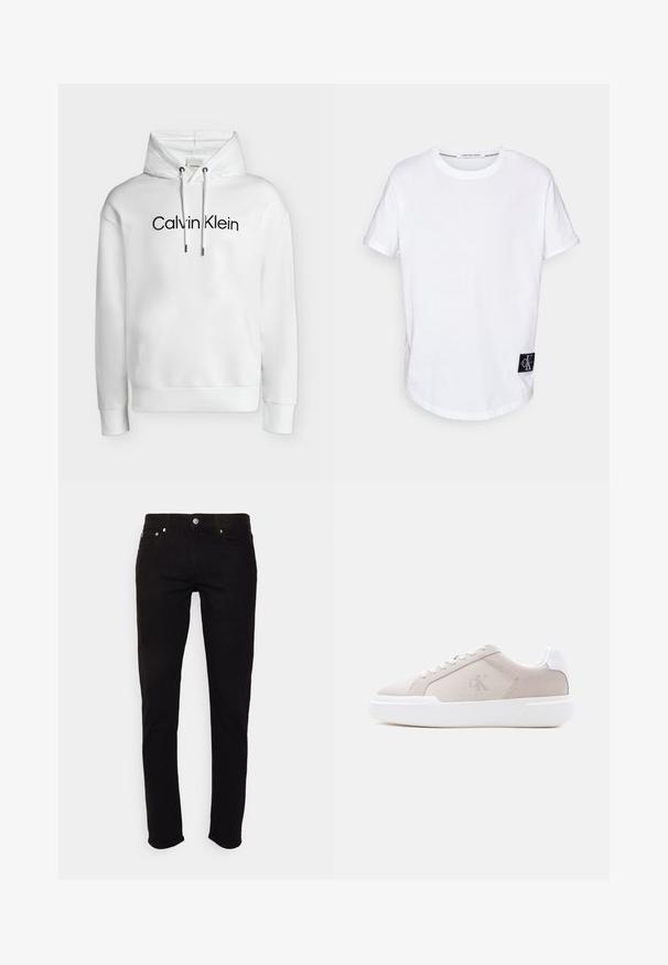 Valge kapuutsiga dressipluus ees taskuga, reguleeritavate nöörikutsega ja musta värvi "Calvin Klein" logo rinnal keskel.; Valge puuvillane T-särk rullitud lühikeste varrukatega, ümmargune alläär ja must logotäht "CK" vasakus alumises nurgas.; Mustad kitsad teksapüksid, millel on nööp ja tõmblukk, ees- ja taskud tagaküljel, valgel taustal.; Beež madala lõikega toss, valge paksu tallaga, paelte ja kannatabiga, külgmisel plaadil on peen "cK" logo.