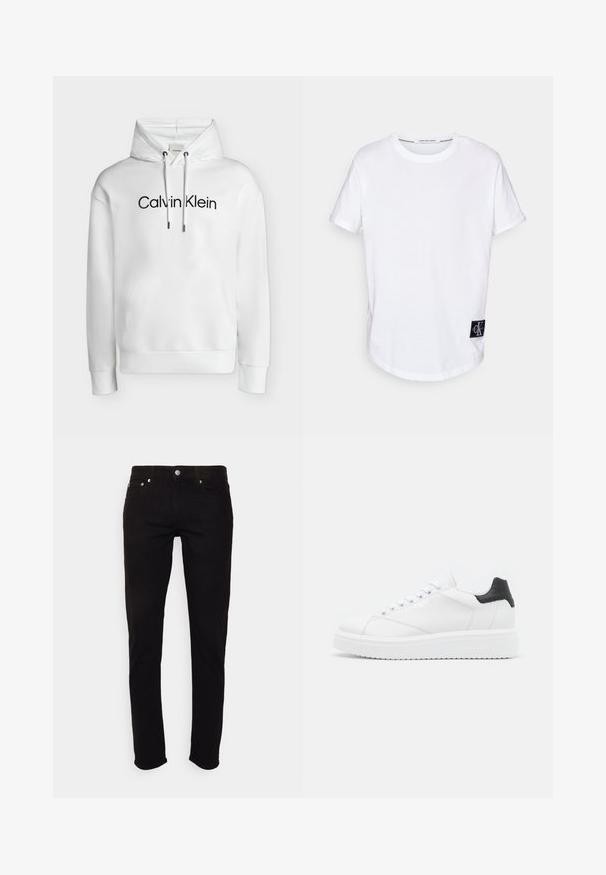Hvid hættetrøje med frontlomme, justerbare snore og "Calvin Klein"-logo i sort centreret på brystet.; Hvid bomulds T-shirt med rullede korte ærmer, afrundet kant og et sort logo-tag med "CK" i nederste venstre hjørne.; Sorte slim-fit jeans med knap- og lynlås, for- og baglommer, vist på hvid baggrund.; Hvide lædersneakers med en sort hælflap, flade snørebånd, struktureret mellemsål og branding på ydersiden. Designet til afslappet brug.