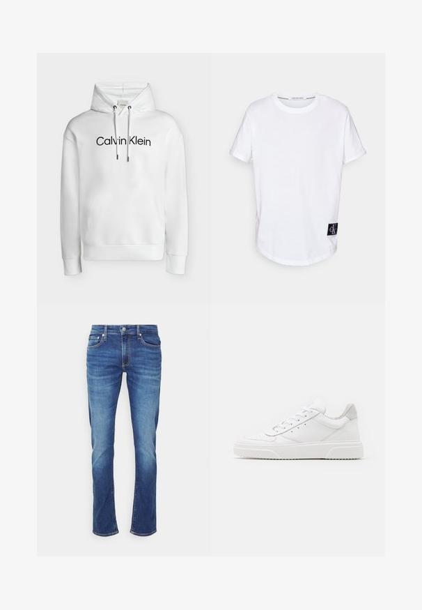 Weißer Hoodie mit Fronttasche, verstellbaren Kordeln und schwarzem „Calvin Klein“-Logo mittig auf der Brust.; Weißes Baumwoll-T-Shirt mit umgeschlagenen Kurzärmeln, abgerundetem Saum und einem schwarzen Logotag mit "CK" auf der unteren linken Seite.; Blaue Denim-Jeans mit ausgewaschenen Effekten, Frontknopf- und Reißverschluss sowie Fünf-Taschen-Design vor weißem Hintergrund.; Weiße Leder-Sneaker mit glatter Oberfläche, rundem Zehenbereich, flachen Schnürsenkeln und strukturiertem Schuhsohlen. Graues Wildleder-Detail an der Ferse.