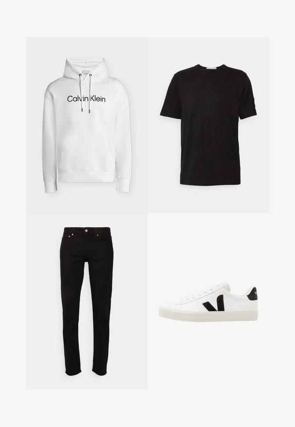 Sudadera blanca con capucha, bolsillo frontal tipo canguro, cordones ajustables y logo "Calvin Klein" en negro centrado en el pecho.; Camiseta de algodón negra de manga corta, con cuello redondo y un detalle de costura sutil en el cuello. Sin patrones ni adornos visibles.; Vaqueros negros de corte ajustado con cierre de botón y cremallera, bolsillos delanteros y traseros, mostrados sobre fondo blanco.; Zapatilla de cuero blanca con acentos de ante negro; presenta una suela de goma, puntera redonda y un diseño clásico de cordones. Logo lateral en negro.