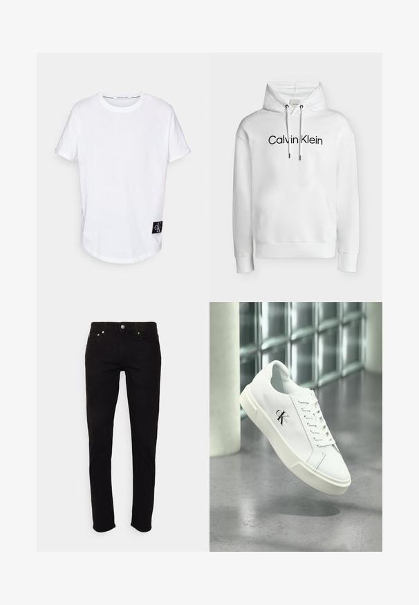Hvid hættetrøje med frontlomme, justerbare snore og "Calvin Klein"-logo i sort centreret på brystet.; Hvid bomulds T-shirt med rullede korte ærmer, afrundet kant og et sort logo-tag med "CK" i nederste venstre hjørne.; Sorte slim-fit jeans med knap- og lynlås, for- og baglommer, vist på hvid baggrund.; Hvid Calvin Klein sneaker med snørebånd, vist svævende over en poleret betongulv og en baggrund af glasblokke.