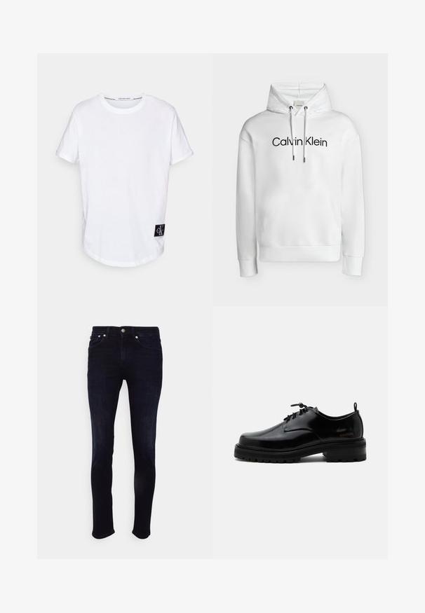 Hvid hættetrøje med frontlomme, justerbare snore og "Calvin Klein"-logo i sort centreret på brystet.; Hvid bomulds T-shirt med rullede korte ærmer, afrundet kant og et sort logo-tag med "CK" i nederste venstre hjørne.; Slim-fit mørkeblå jeans lavet af denim, med mid-rise talje, fem lomme design og kontraststing på lommerne.; Sort poleret læder snørestøvle med tyk gummisål og lav hæl, sideskilt med mærketekst "SAMSOE" og bageste træksnor.