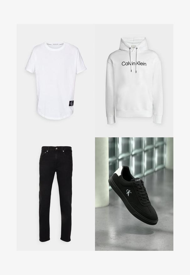 Weißer Hoodie mit Fronttasche, verstellbaren Kordeln und schwarzem „Calvin Klein“-Logo mittig auf der Brust.; Weißes Baumwoll-T-Shirt mit umgeschlagenen Kurzärmeln, abgerundetem Saum und einem schwarzen Logotag mit "CK" auf der unteren linken Seite.; Schwarze Denim-Jeans mit geradem Schnitt, Fünf-Taschen-Design, Reißverschluss und Knopfverschluss. Mit subtilen Waschungen und minimaler Naht versehen.; Schwarzer Calvin Klein Sneaker mit weißem Fersenlasche und CK-Logo an der Seite, schwebend über poliertem Betonboden vor einer Wand aus Glasbausteinen.