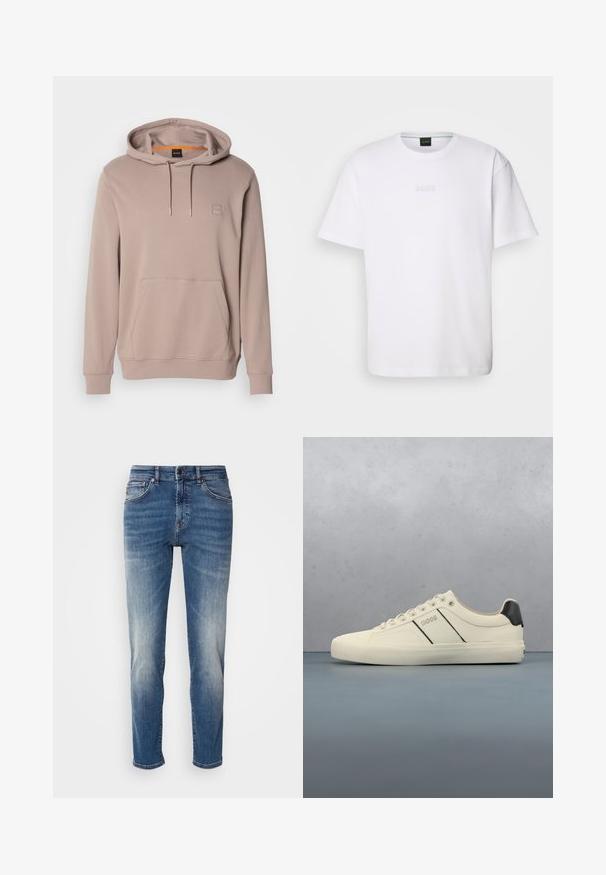 Lichtbruine hoodie met een voorzak en trekkoorden, met een klein vierkant logo-opdruk op de borst.; Witte katoenen T-shirt met korte mouwen, ronde halslijn en reliëf 'BOSS' logo op de borst. Veilig textuur, standaard pasvorm.; Blauwe denim jeans met een recht model, lichte vervaging, klassieke vijf-pocketstijl en een ritssluiting met knoopsluiting.; Crème-kleurige sneakers met een gladde textuur, voorzien van zwarte accenten en branding. Tijdloos vetersysteem met een ronde neus en rubberen zool.