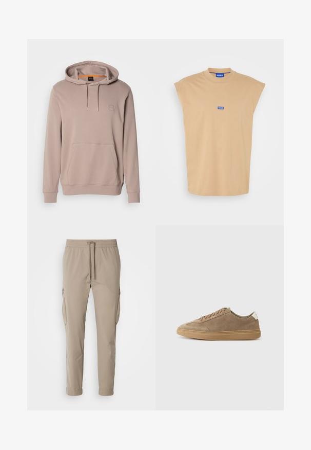 Lichtbruine hoodie met een voorzak en trekkoorden, met een klein vierkant logo-opdruk op de borst.; Beige katoenen t-shirt met een hoge halslijn en korte, gekapte mouwen. Heeft een blauwe 'HUGO' logo patch op de borst. Glad van textuur.; Beige cargo broek met een elastische tailleband en trekkoord. Voorzien van zijzakken en een taps toelopend ontwerp, gemaakt van lichte stof.; Suède sneakers in lichtbruin met een rubberen zool. Voorzien van een vetersluiting en een minimalistische stijl, geaccentueerd door een witte hieltab.
