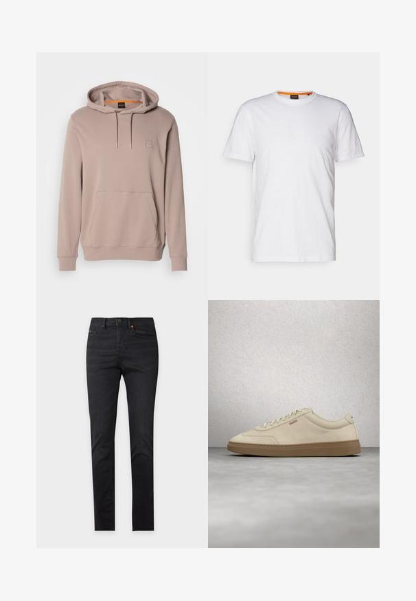 Sweat à capuche brun clair avec poche avant et cordons, arborant un petit patch logo carré sur la poitrine.; T-shirt en coton blanc avec un col rond, des manches courtes et un logo en relief subtil sur la poitrine. L'étiquette intérieure a une touche d'orange.; Jean denim noir slim fit avec poches avant, passants de ceinture et fermeture boutonnée, présenté sur un fond clair uni.; Baskets en daim beige clair avec une semelle en caoutchouc gomme, des lacets prononcés et des détails de couture subtils. Design épuré avec une esthétique minimaliste.
