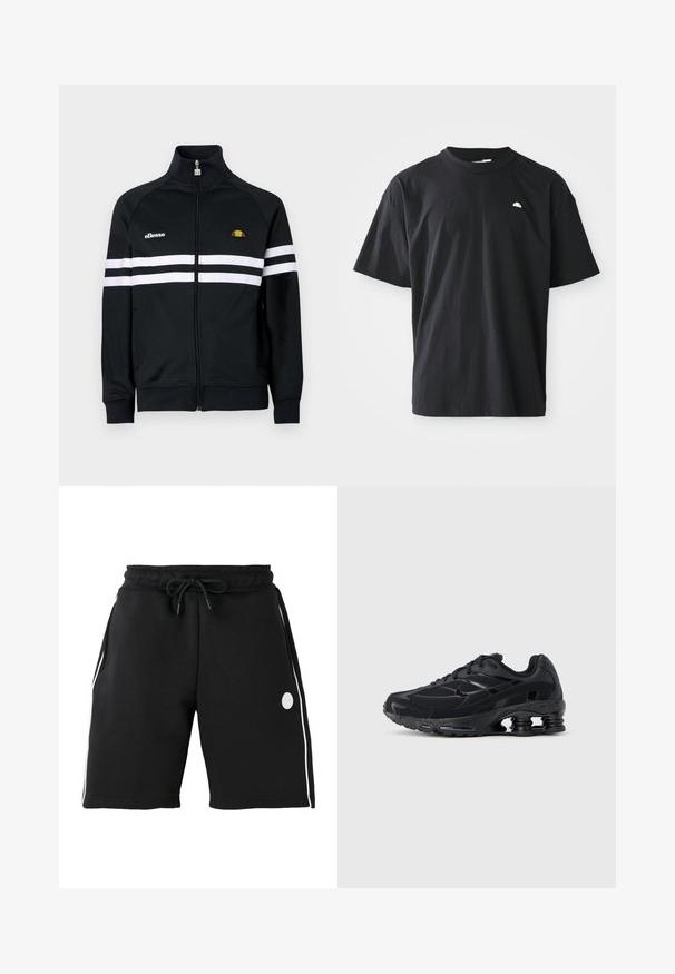 Sort lynlåstrøje lavet af glat stof med hvide striber på brystet og ærmerne, med en lille logo og farverige accenter.; Sort bomulds T-shirt med afslappet pasform, korte ærmer, rund hals, og en lille hvid logoaccent på brystet. Glat tekstur.; Sorte knælange shorts med elastisk linning og snøre, hvide verticale sidestriber og lille rundt logo på venstre lår.; Sort atletiksko med mesh-overdel, polstret krave og markant støddæmpningsteknologi ved hælen. Har teksturerede detaljer og snørebånd.