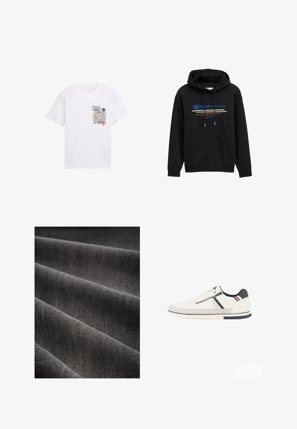 Zwarte hooded sweatshirt met een kangoeroezak, trekkoordhals en meerkleurige grafische tekst met horizontale lijnen en "EST. 2007."; Witte katoenen t-shirt met een vooraanzicht grafiek met de tekst "BRAND IDENTITY", zwarte en rode accenten, en een rechthoekig designelement.; Donkergrijze stof met een zachte textuur, weergegeven in plooien. De weving is strak, wat een gladde, uniforme oppervlakte laat zien.; Witte lage sneaker met zijrits, marineblauwe en rode accenten, een zwart hielstuk en "Tom Tailor" branding langs de zijkant.