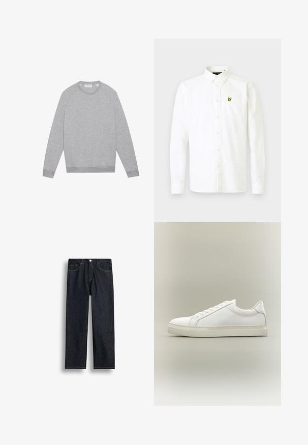 Lichtgrijze longsleeve crewneck sweatshirt met geribde manchetten en zoom, plat weergegeven op een effen achtergrond.; Witte langemouwen shirt van katoen met een button-down kraag, met een borstzak en een klein geel logo aan de linkerkant.; Donkerblauwe recht gesneden spijkerbroek met voorvak, rits en ontwerp met vijf zakken op een witte achtergrond.; Witte lage sneaker met veters aan de voorkant en dikke zool, zijaanzicht tegen een neutrale achtergrond.