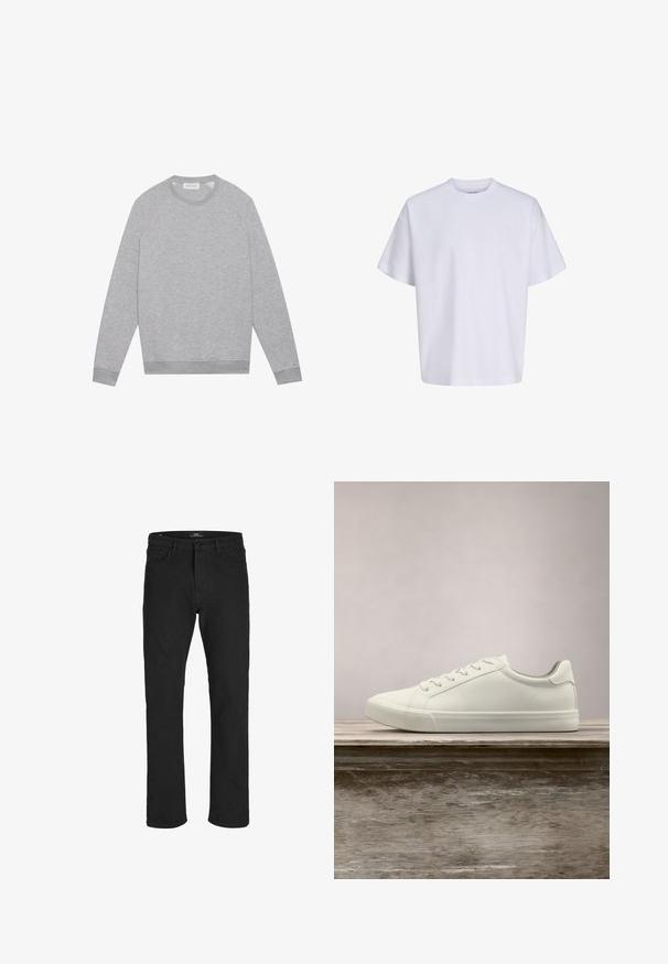 Lys grå langærmet crewneck sweatshirt med ribbede manchetter og kant, vist fladt på en ensfarvet baggrund.; Simpel hvid oversized t-shirt med korte ærmer, rund hals og løs pasform mod en hvid baggrund.; R.D.D. ROYAL DENIM DIVISION Regular fit RDD Royal Selvedge RE 330 Relaxed - Jeans Straight Leg - black denim; Hvide snørresneakers svævende over en træbænk med grønne planter i baggrunden, der fremhæver skodesign og tekstur.