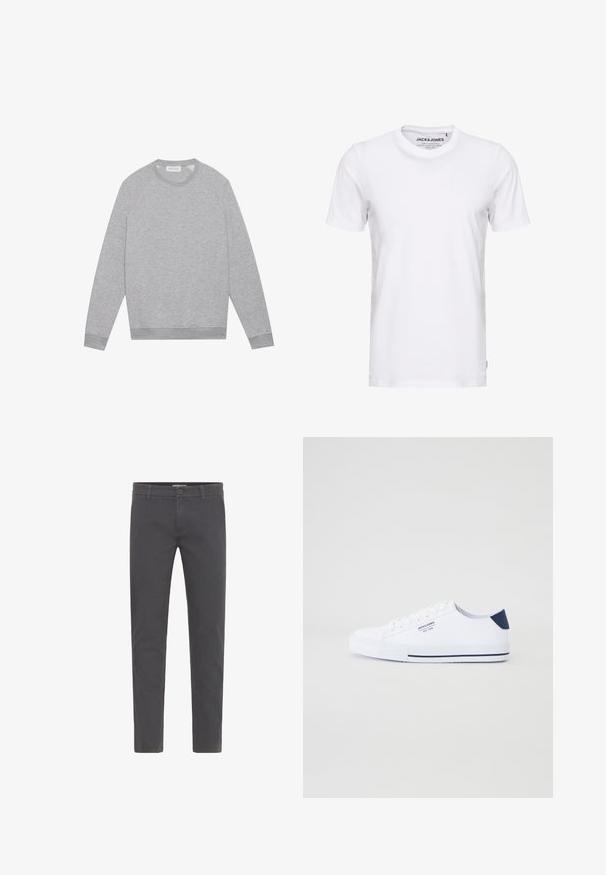 Sudadera de cuello redondo de manga larga color gris claro con puños y dobladillo acanalados, presentada plana sobre un fondo liso.; Camiseta de manga corta blanca, hecha de algodón, con cuello redondo y un diseño sencillo. Etiqueta de la marca visible en la zona del cuello. Sin patrones ni detalles.; Pantalones grises de corte ajustado, elaborados en suave algodón. Presentan un cierre con botón, presillas para cinturón y un diseño limpio y aerodinámico. Sin patrones visibles.; Zapatillas de lona blancas con un acento en el talón en color navy, suela de goma plana, punta redonda y cordones blancos. Presenta un logo en el costado.