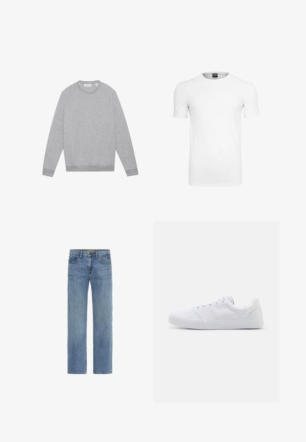 Ανοιχτό γκρι μακρυμάνικη μπλούζα crewneck με ραβδωτούς καρπούς και τελείωμα, τοποθετημένη επίπεδα σε απλό φόντο.; Απλό λευκό μπλουζάκι με κοντά μανίκια και στρογγυλή λαιμόκοψη με μαύρη ετικέτα εσωτερικά στο γιακά, πάνω σε λευκό φόντο.; Τζιν παντελόνι με ίσια γραμμή σε μπλε χρώμα, με μπροστινές τσέπες, θηλιές για ζώνη, κούμπωμα με κουμπί και ορατές ραφές σε λευκό φόντο.; Λευκά καμβά παπούτσια με καουτσούκ σόλα, που διαθέτουν έξι τρυπίτσες, υφηλό καπάκι ποδιού και μινιμαλιστικό σχέδιο.