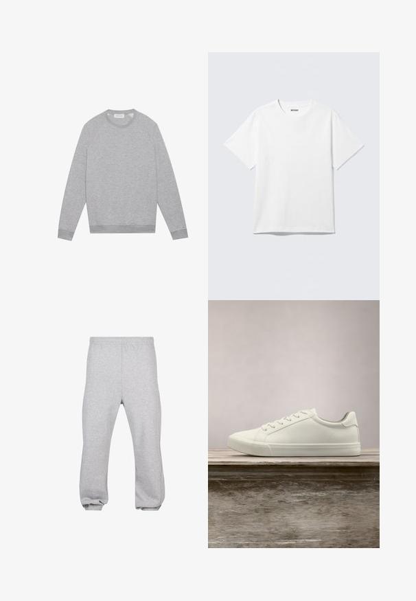 Sweat-shirt à col rond gris clair à manches longues avec des poignets et un ourlet côtelés, présenté à plat sur un fond uni.; T-shirt blanc à manches courtes et col rond, étalé à plat, design uni, avec l'étiquette "WEEKDAY" à l'intérieur du col sur un fond clair.; Pantalon de jogging en coton gris clair avec taille élastique et poignets aux chevilles, présenté à plat sur fond blanc.; Sneaker en dentelle blanche flottant au-dessus d'un banc en bois avec un feuillage vert en arrière-plan, mettant en valeur le design et la texture de la chaussure.