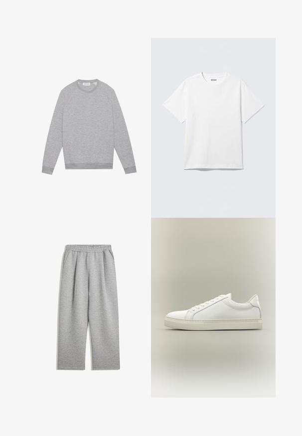 Sweat-shirt à col rond gris clair à manches longues avec des poignets et un ourlet côtelés, présenté à plat sur un fond uni.; T-shirt blanc à manches courtes et col rond, étalé à plat, design uni, avec l'étiquette "WEEKDAY" à l'intérieur du col sur un fond clair.; Pantalon de survêtement gris clair avec taille élastique et poches latérales, coupe droite, fabriqué en tissu doux.; Baskets blanches basses à lacets sur l’avant et semelle épaisse, vues de côté sur un fond neutre.