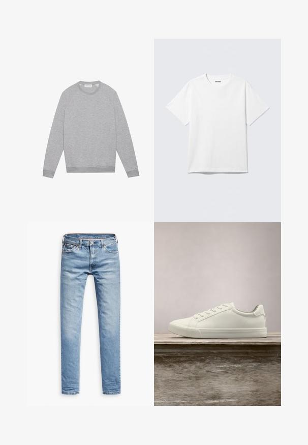 Lichtgrijze longsleeve crewneck sweatshirt met geribde manchetten en zoom, plat weergegeven op een effen achtergrond.; Witte T-shirt met korte mouwen en ronde hals, plat gelegd, effen ontwerp, met een "WEEKDAY" label in de kraag op een lichte achtergrond.; Lichtblauwe denim jeans, rechte pasvorm, vijf-pocket ontwerp, met een rits en knoopsluiting. Soepele textuur met subtiele vervagingsdetails.; Witte vetersneaker die boven een houten bank zweeft met groene bladeren op de achtergrond, waarbij het ontwerp en de textuur van de schoen worden getoond.