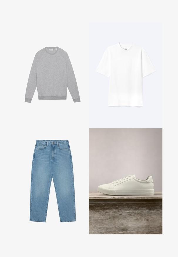 Heledhall hallhii white crewneck sweatshirt, millel ribbed cuffs ja hem, paigaldatud tasasele taustale.; Lihtne valge lühikeste varrukatega ümara kaelusega T-särk, mis on lõdva lõikega, kuvatud heledal taustal.; Hele sinised teksapüksid sirge säärega, viie taskuga disain ja kergelt tuhmunud tekstuuriga. Varustatud nupuga ja luku sulgemisega.; Valged nööpidega ketsid, mis hõljuvad puidust pingil rohelise lehestiku taustal, näidates uue disaini ja tekstuuri.