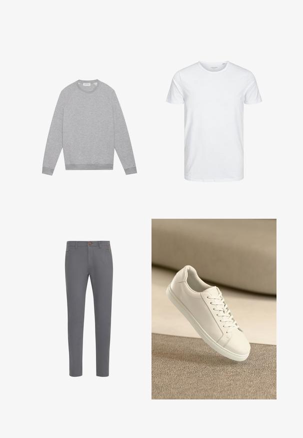 Sudadera de cuello redondo de manga larga color gris claro con puños y dobladillo acanalados, presentada plana sobre un fondo liso.; Camiseta de manga corta y cuello redondo en blanco sólido, fabricada en algodón suave, presenta un diseño simple sin patrones ni acentos visibles.; Pantalones de algodón grises con un diseño ajustado, que cuentan con un cierre de botón, bolsillos estándar y una textura suave.; Zapatilla de cuero blanca con cordones blancos, exhibida sobre una superficie texturizada beige y un suave fondo desenfocado.