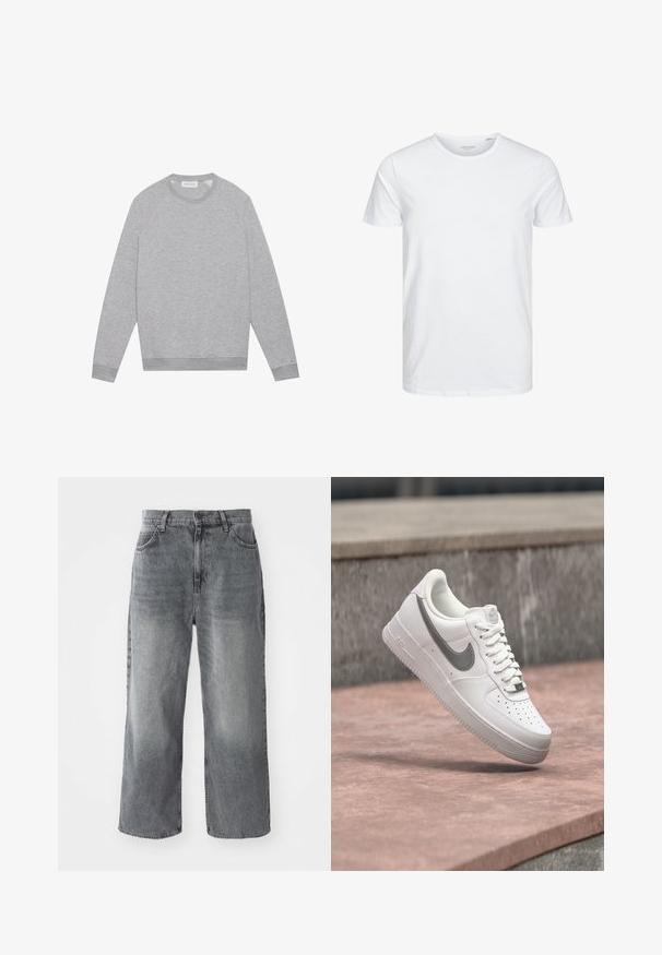Heledhall hallhii white crewneck sweatshirt, millel ribbed cuffs ja hem, paigaldatud tasasele taustale.; Ümmarguse kaelusega lühikeste varrukatega T-särk, mis on puhtast valgest pehmest puuvillast, omab lihtsat disaini ilma nähtavate mustrite või aktsentideta.; Hallid denim lai jalagae, kulunud tekstuuriga, viie taskuga ja eest nööbiga kinnitamine. Sirge lõige, mis ulatub vööst ääreni.; Valge Nike Air Force 1 toss hallika Nike logoga, hõljumas kivil pinnal ja halli kivitahvli taustal.