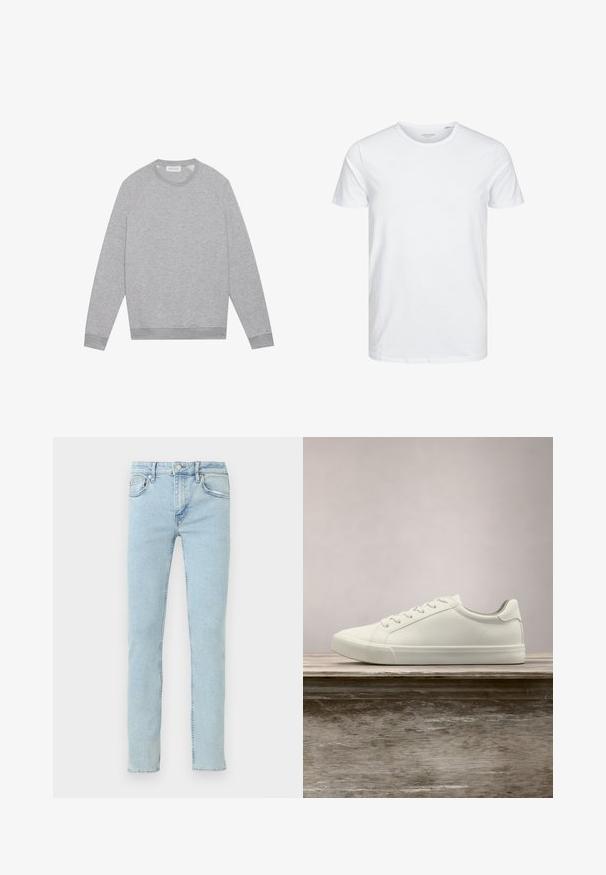 Lys grå langærmet crewneck sweatshirt med ribbede manchetter og kant, vist fladt på en ensfarvet baggrund.; Rundhals kortærmet t-shirt i ensfarvet hvid, lavet af blød bomuld, har et simpelt design uden synlige mønstre eller detaljer.; Lyseblå denimjeans med lige ben, der har fem lommer, diskret falmning og klassiske syningsdetaljer.; Hvide snørresneakers svævende over en træbænk med grønne planter i baggrunden, der fremhæver skodesign og tekstur.