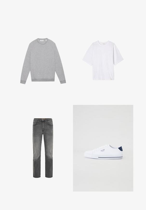 Lys grå langærmet crewneck sweatshirt med ribbede manchetter og kant, vist fladt på en ensfarvet baggrund.; Hvid kortærmet t-shirt lavet af blødt stof. Har en rund halsudskæring og en afslappet pasform med en lige kant. Ingen mønstre eller hardware.; Drejede mænds jeans i falmet mørkegrå denim med frontlommer, bæltestropper og knappelukning.; Hvide kanvas sneakers med en marineblå hælaccents, flad gummisål, rund tå og hvide snørebånd. Har logo på siden.