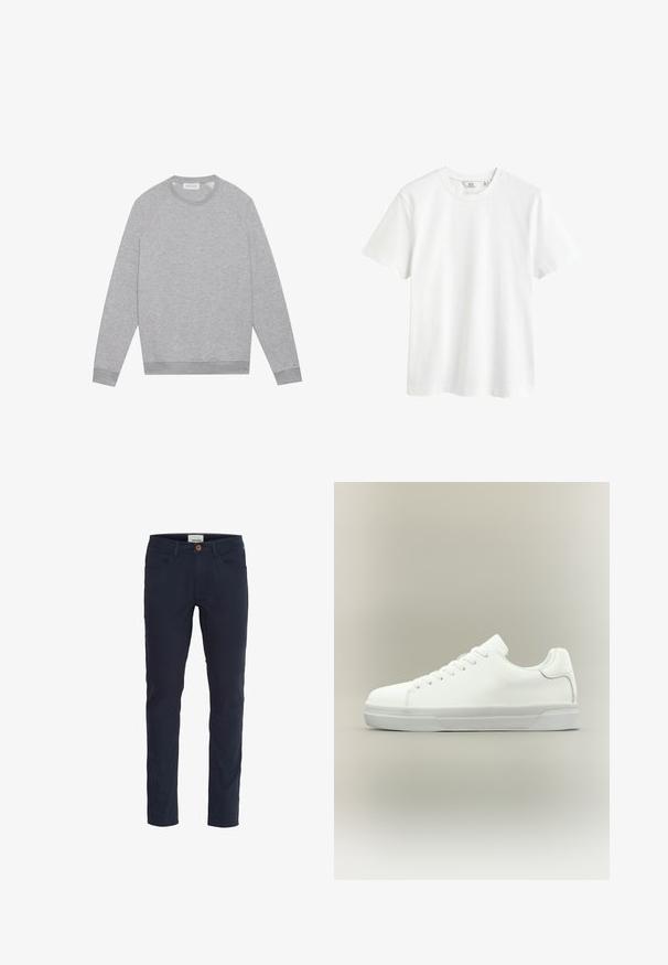 Lichtgrijze longsleeve crewneck sweatshirt met geribde manchetten en zoom, plat weergegeven op een effen achtergrond.; Witte katoenen t-shirt met een ronde hals, korte mouwen en een relaxte pasvorm. Gladde textuur, geen patronen of versieringen.; Marineblauwe broek van een katoenmix. Slim fit ontwerp met vijf zakken, een knoopsluiting en een gladde textuur.; Witte lage sneaker met veters aan de voorkant, gevoerde kraag en gerubberde zool met textuur, zijaanzicht op een neutrale achtergrond.