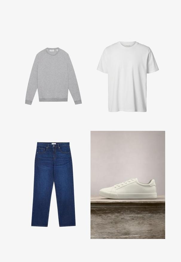 Lys grå langærmet crewneck sweatshirt med ribbede manchetter og kant, vist fladt på en ensfarvet baggrund.; Enkelt hvid T-shirt med korte ærmer og rund hals, løs pasform og uden synlige logoer eller designs foran.; Mørkeblå denimjeans med lige ben-design, der har en knap- og lynlåslukning, fem lommer og synlige syninger.; Hvide snørresneakers svævende over en træbænk med grønne planter i baggrunden, der fremhæver skodesign og tekstur.