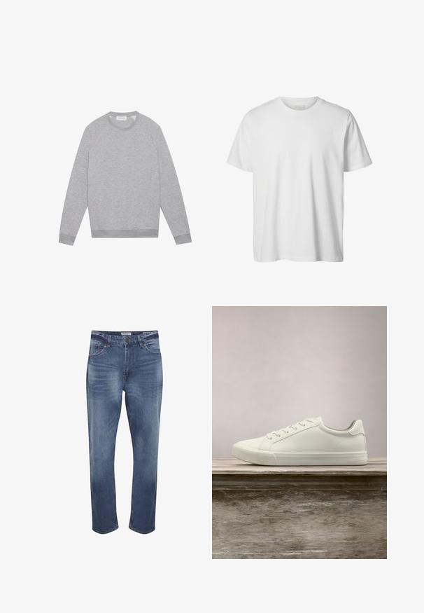 Sudadera de cuello redondo de manga larga color gris claro con puños y dobladillo acanalados, presentada plana sobre un fondo liso.; Camiseta blanca lisa de manga corta con cuello redondo, corte holgado y sin logos o diseños visibles en el frente.; Vaqueros de mezclilla en azul medio con un acabado descolorido, diseño de cinco bolsillos, cierre de cremallera y corte recto estándar. Detalles de costura distintivos.; Zapatilla blanca con cordones flotando sobre un banco de madera con follaje verde al fondo, mostrando el diseño y la textura del zapato.