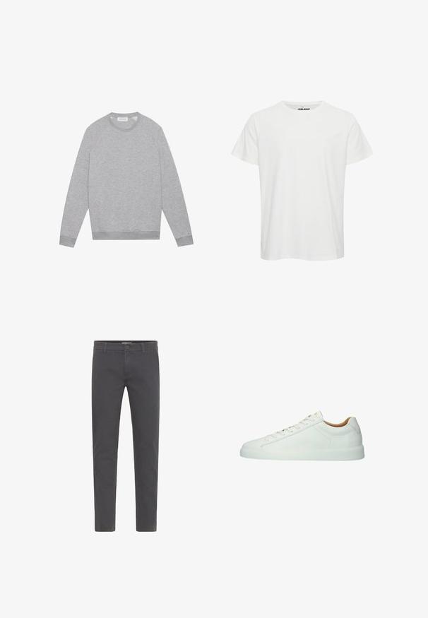 Sweat-shirt à col rond gris clair à manches longues avec des poignets et un ourlet côtelés, présenté à plat sur un fond uni.; T-shirt en coton blanc avec manches courtes, col rond et un logo discret sur la poitrine. Texture lisse avec une coupe classique.; Pantalons gris, ajustés, fabriqués en coton doux. Dotés d'une fermeture à bouton, de passants de ceinture et d'un design épuré et contemporain. Sans motifs visibles.; Baskets basses en cuir blanc avec lacets blancs, coutures discrètes et semelle extérieure en caoutchouc plate, vues de côté sur un fond blanc.