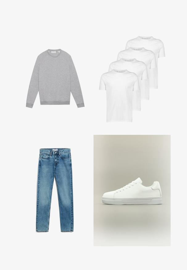 Lichtgrijze longsleeve crewneck sweatshirt met geribde manchetten en zoom, plat weergegeven op een effen achtergrond.; Witte katoenen T-shirts, korte mouwen, ronde halslijn, gladde textuur, vier stuks gestapeld met een consistent ontwerp en zonder patronen of accenten.; Lichtblauwe spijkerbroek met een rechte snit, voorzien van vijf zakken, een ritsluiting en subtiele vervaging op de stof. Metaal knoopsluiting.; Witte lage sneaker met veters aan de voorkant, gevoerde kraag en gerubberde zool met textuur, zijaanzicht op een neutrale achtergrond.