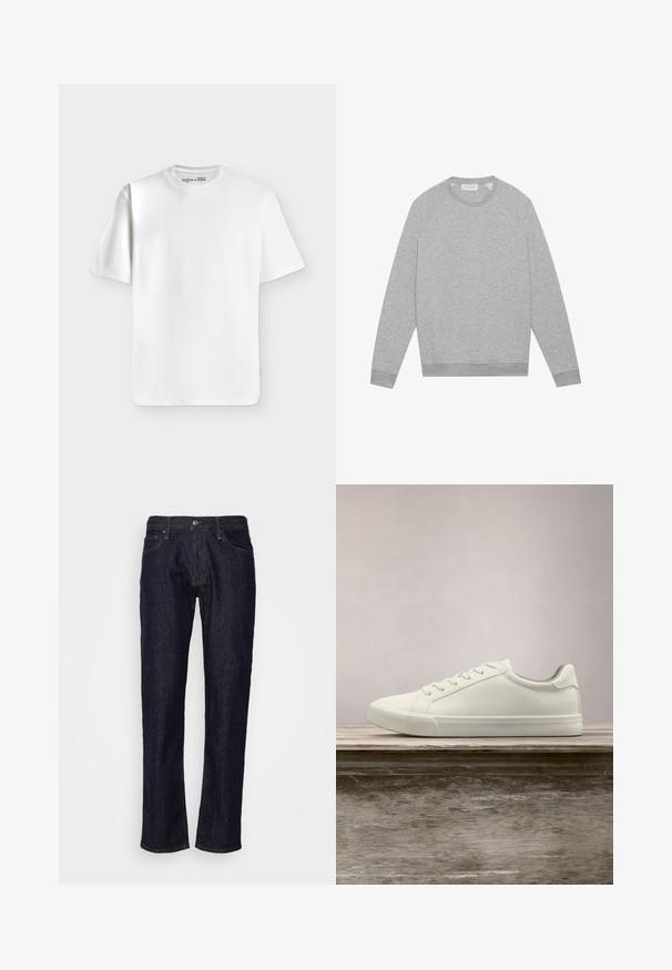 Sweat-shirt à col rond gris clair à manches longues avec des poignets et un ourlet côtelés, présenté à plat sur un fond uni.; T-shirt blanc uni à manches courtes et col rond, posé à plat sur un fond gris clair avec une petite étiquette de marque à l’intérieur du col.; GAP STRAIGHT RESIN - Jean droit - resin rinse; Sneaker en dentelle blanche flottant au-dessus d'un banc en bois avec un feuillage vert en arrière-plan, mettant en valeur le design et la texture de la chaussure.