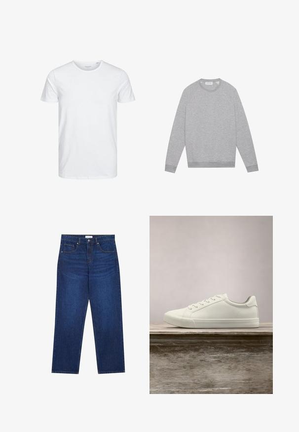 Sweat-shirt à col rond gris clair à manches longues avec des poignets et un ourlet côtelés, présenté à plat sur un fond uni.; T-shirt à col rond à manches courtes de couleur blanche unie, fabriqué en coton doux, avec un design simple sans motifs ni accents visibles.; Jean en denim bleu foncé avec une coupe droite, équipé d'une fermeture boutonnée et à zip, de cinq poches et de détails de couture visibles.; Sneaker en dentelle blanche flottant au-dessus d'un banc en bois avec un feuillage vert en arrière-plan, mettant en valeur le design et la texture de la chaussure.