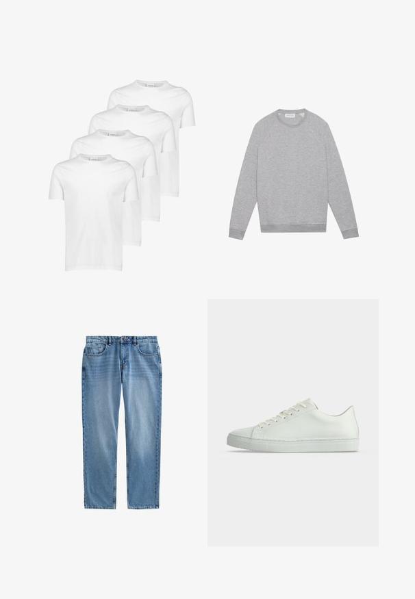 Lys grå langærmet crewneck sweatshirt med ribbede manchetter og kant, vist fladt på en ensfarvet baggrund.; Hvide bomulds T-shirts, kortærmede, rund halsudskæring, glat tekstur, stableret i fire stykker med ensartet design uden mønstre eller accenter.; Lyseblå denimjeans med lige ben, fem-lomme design, synlig syning og lynlås. Ingen slid eller mønstre.; Hvid lavtop sneakers med snørebånd, glat læderoverdel og flad gummisål vist fra siden på en ensfarvet baggrund.