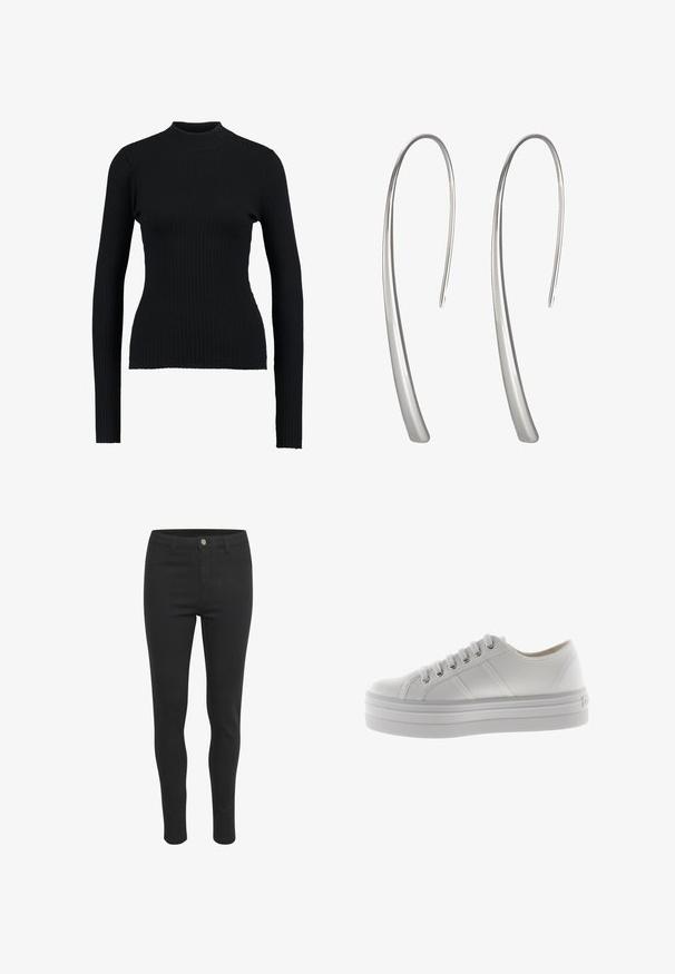 Pull à col roulé noir à côtes, avec manches longues et une coupe ajustée, présentant une texture lisse et une silhouette structurée.; Jeans skinny noirs avec une texture de tissu lisse, dotés d'une fermeture à bouton à l'avant, de cinq poches et d'un design ajusté.; Baskets blanches basses en toile avec semelle épaisse, fermeture à lacets à l'avant, et détails de couture sur le côté.; Boucles d'oreilles pendantes en argent long avec un design élégant et allongé et une surface lisse et polie. Présente une forme courbée minimaliste.