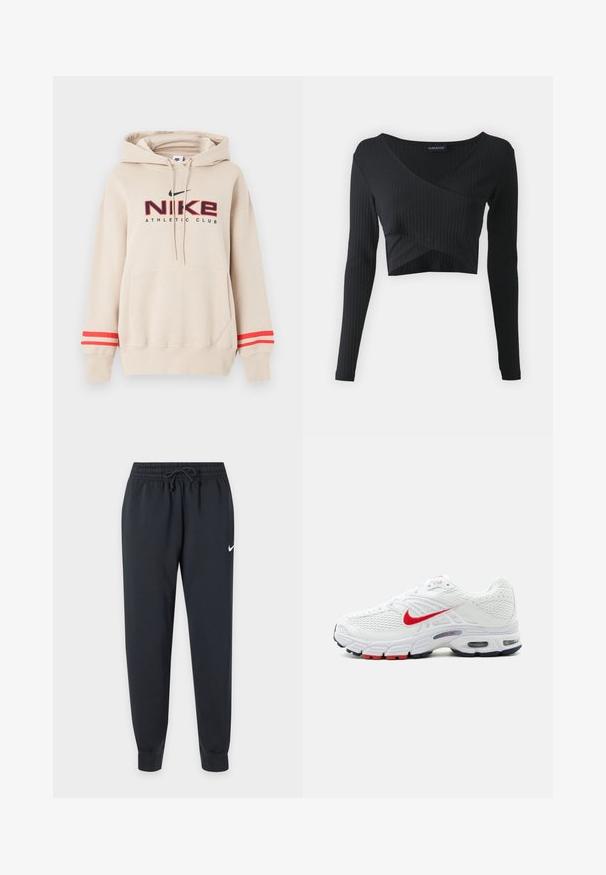 Beiger Nike-Hoodie mit Fronttasche, roten Streifen an den Ärmeln und "Nike Athletic Club"-Logo in Schwarz und Rot auf der Brust.; Even&Odd Langarmshirt - black; Schwarze Nike Jogginghose mit elastischem Bund und Kordelzug, schmal zulaufenden Beinen, Bündchen an den Knöcheln und kleinem weißen Nike-Swoosh am rechten Oberschenkel.; Weißer Sneaker mit rotem Nike-Swoosh, Mesh-Einsätzen, gepolsterter Sohle mit sichtbaren Lufteinheiten und schwarz-roten Außensohlen-Akzenten.