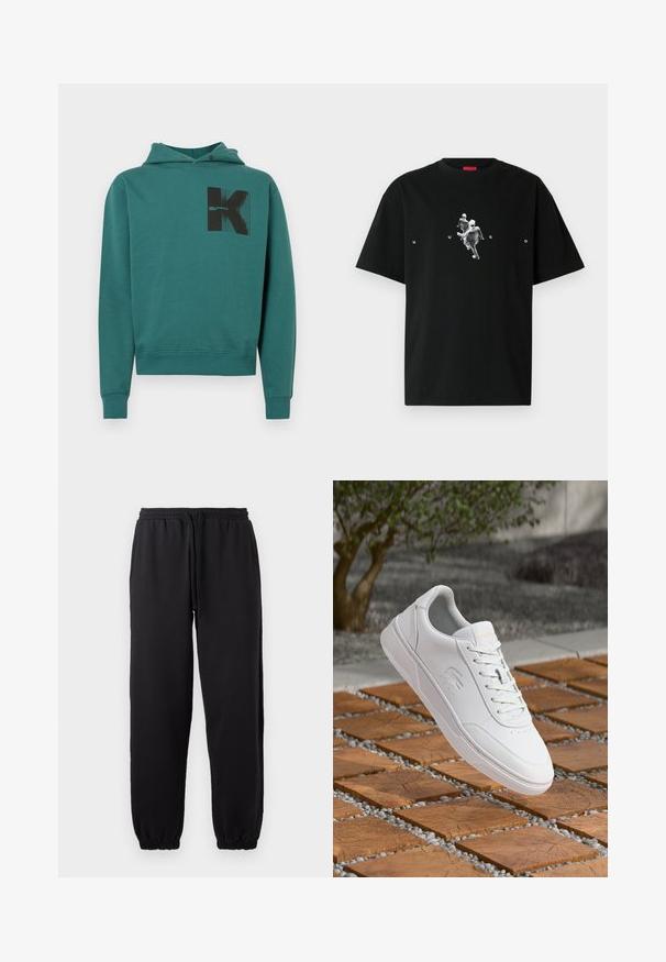 Sudadera color verde azulado hecha de mezcla de algodón, con un bolsillo tipo canguro, capucha con cordón, puños acanalados y un patrón gráfico negro en la parte frontal.; Camiseta negra de algodón con un gráfico de dos figuras en movimiento y la palabra "HUGO" en texto blanco debajo del diseño. Mangas cortas, cuello redondo.; Pantalones jogger negros hechos de una tela suave, con cintura elástica y cordón ajustable, y dobladillos en los tobillos.; Zapatilla blanca Lacoste con cordones flotando sobre baldosas cuadradas de madera y pequeñas piedras grises, con fondo desenfocado de árbol y muro.