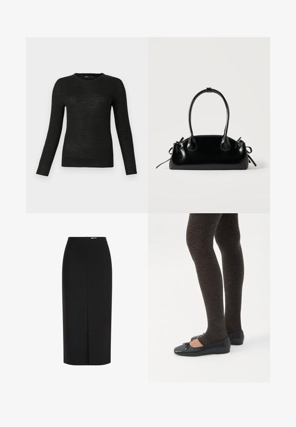 Sort langærmet crew neck tætsiddende sweater med glat tekstur, præsenteret på en ensfarvet lys grå baggrund.; Sort midi pencilnederdel med høj talje, frontslids og skjult lynlås på hvid baggrund.; Ben iført mørke ribbede leggings kombineret med sorte balletsko med små sløjfedetaljer på hvid baggrund.; Lille sort blank håndtaske med to lange håndtag og snøre-detaljer i siden på en ensfarvet lys baggrund.