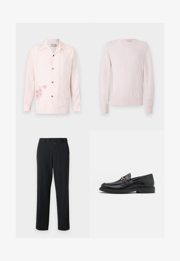 Pull en tricot rose clair à manches longues avec des poignets côtelés, un ourlet et un col rond sur fond blanc uni.; Chemise rose pâle à manches longues avec boutons, col cranté et petit imprimé floral rose en bas à gauche.; Pantalon noir à coupe droite, en tissu lisse. Il présente une fermeture à bouton à l'avant et des détails de couture subtils. Conception simple sans motifs.; Mocassins en cuir noir avec un embout rond, présentant des accents en métal doré et des détails de couture, montés sur une semelle en caoutchouc texturé et basse.