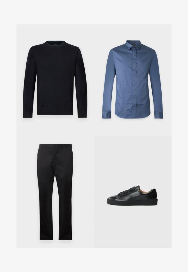 Marineblauwe trui met ronde hals, gemaakt van zachte gebreide stof, met geribbelde boorden en zoom voor een aangesloten pasvorm, en een subtiel logodetail aan de onderkant.; Heren slim-fit blauw overhemd met lange mouwen, verborgen knopen en een klassieke kraag op een effen achtergrond.; Zwarte katoenen broeken met een rechte pijp, uitgerust met een sluiting met een voorste knoop en zijzakken, gladde textuur, zonder zichtbare patronen.; Zwarte leren sneaker met een gladde textuur, ronde neus en vetersluiting. Heeft een dikke rubberen zool en minimale merkaanpassing.
