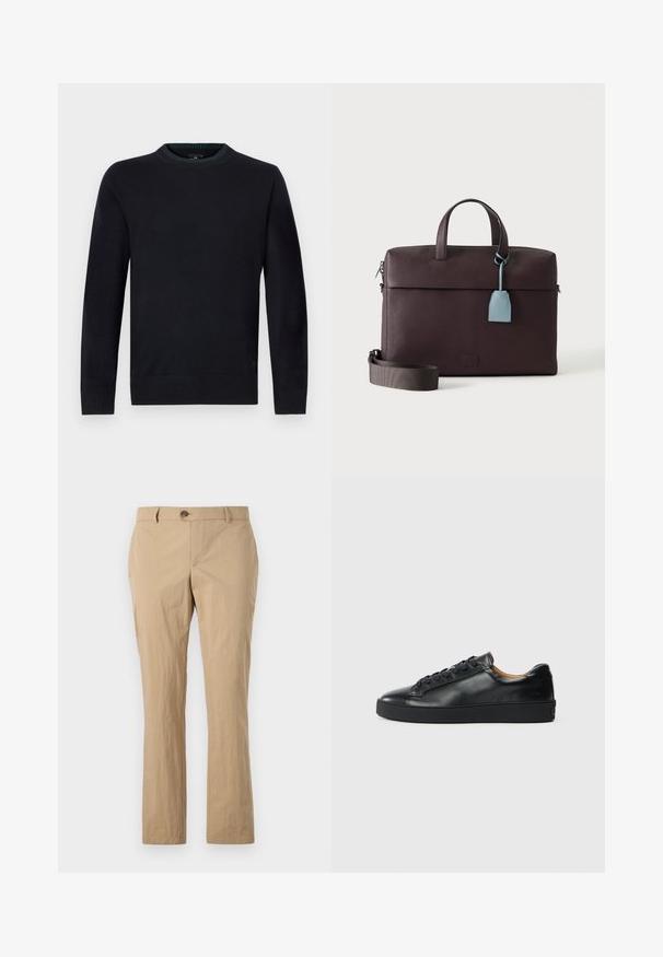 Suéter azul marino de cuello redondo hecho de suave tela de punto, con puños y dobladillo acanalados para un ajuste ceñido, con un detalle sutil de logo en la parte inferior.; Pantalones de algodón beige con un diseño de pierna recta, que presentan un cierre de botón, trabillas para cinturón y una textura suave. Sin patrones visibles.; Zapatilla negra de cuero con una textura suave, puntera redonda y cierre de cordones. Presenta una suela de goma gruesa y un detalle de marca mínimo.; Maletín de cuero marrón oscuro con asas superiores, correa de hombro desmontable y etiqueta de cuero azul claro colgando de una asa.