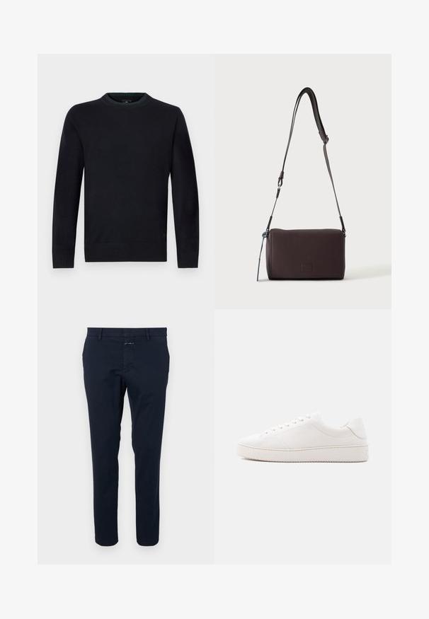 Marineblauwe trui met ronde hals, gemaakt van zachte gebreide stof, met geribbelde boorden en zoom voor een aangesloten pasvorm, en een subtiel logodetail aan de onderkant.; Marineblauwe katoenen chinos met een slim fit, rechte voorkant en een ritsgulp. Voorzien van zijzakken en een achterzak met een klein merketiket.; Witte lederen sneaker met een gladde afwerking, ronde neus, vetersluiting met zes veteroogjes en een rubberen zool met structuur. Minimalistisch ontwerp zonder patronen.; Donkerbruine gestructureerde leren crossbodytas met verstelbare riem en klein decoratief blauw accent aan de zijkant.